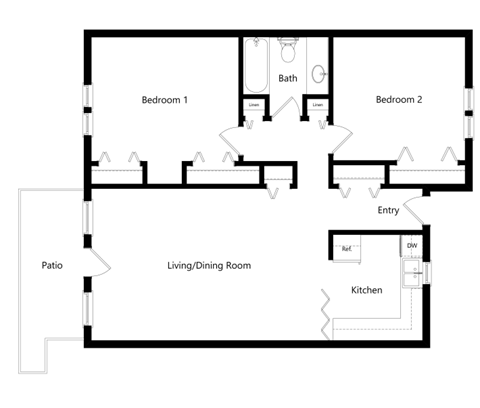 Floor plan for 2 beds, 1 bath, 1100 sqft